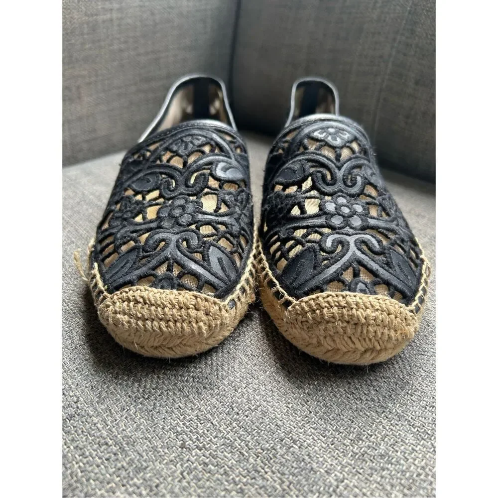 Tory Burch Black Cotton Lace and Leather Jackie Espadrilles